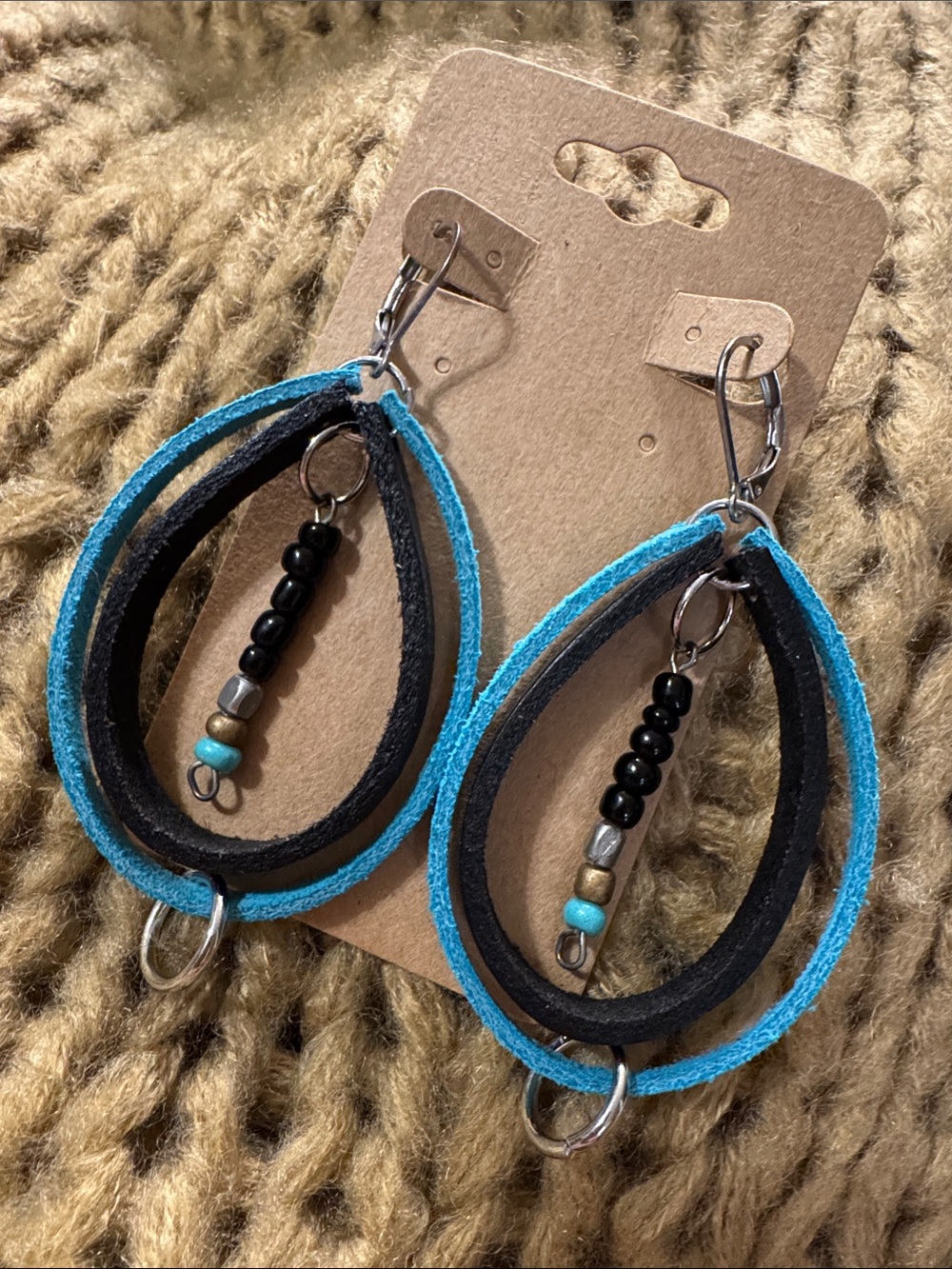 Handmade Teardrop Genuine Leather Hoop Earrings with Turquoise Beaded Accent